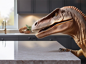 Dinosaur appreciating natural stone countertops